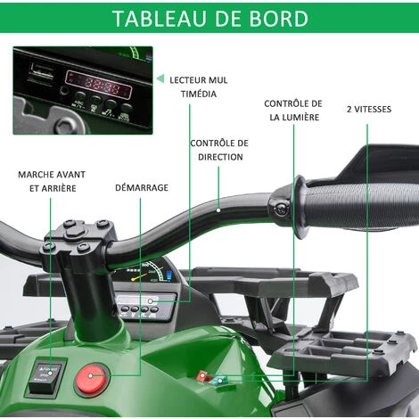 HOMCOM Voiture 4x4 Quad Buggy électrique Enfant 12 V 5 Km/h Max. Effets Lumineux Sonores Selle Avec Dossier Porte-bagage Avant Métal PP Vert Noir - Vert 6 HOMCOM Voiture 4x4 Quad Buggy électrique Enfant 12 V 5 Km/h Max. Effets Lumineux Sonores Selle Avec Dossier Porte-bagage Avant Métal PP Vert Noir - Vert – Image 4