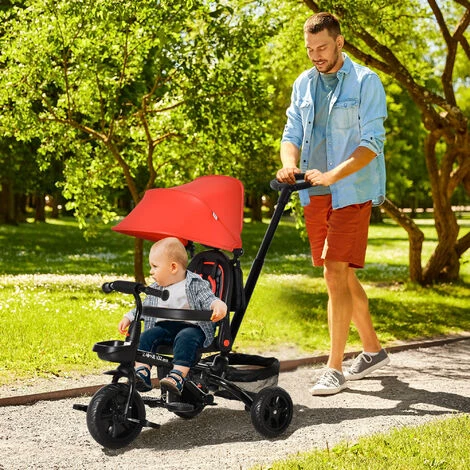 HOMCOM Tricycle Enfant évolutif Pliable 4 En 1 Multifonction - Pare-soleil, Canne Télescopique Amovible - Siège Pivotant, Harnais, Arceau Sécurité - 3 Paniers Rangement - Métal PP Rouge Noir 4 HOMCOM Tricycle Enfant évolutif Pliable 4 En 1 Multifonction - Pare-soleil, Canne Télescopique Amovible - Siège Pivotant, Harnais, Arceau Sécurité - 3 Paniers Rangement - Métal PP Rouge Noir – Image 2