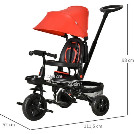 HOMCOM Tricycle Enfant évolutif Pliable 4 En 1 Multifonction - Pare-soleil, Canne Télescopique Amovible - Siège Pivotant, Harnais, Arceau Sécurité - 3 Paniers Rangement - Métal PP Rouge Noir 5 HOMCOM Tricycle Enfant évolutif Pliable 4 En 1 Multifonction - Pare-soleil, Canne Télescopique Amovible - Siège Pivotant, Harnais, Arceau Sécurité - 3 Paniers Rangement - Métal PP Rouge Noir – Image 3