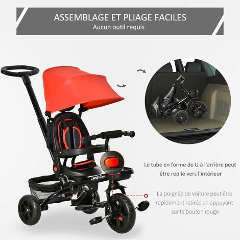 HOMCOM Tricycle Enfant évolutif Pliable 4 En 1 Multifonction - Pare-soleil, Canne Télescopique Amovible - Siège Pivotant, Harnais, Arceau Sécurité - 3 Paniers Rangement - Métal PP Rouge Noir 6 HOMCOM Tricycle Enfant évolutif Pliable 4 En 1 Multifonction - Pare-soleil, Canne Télescopique Amovible - Siège Pivotant, Harnais, Arceau Sécurité - 3 Paniers Rangement - Métal PP Rouge Noir – Image 4