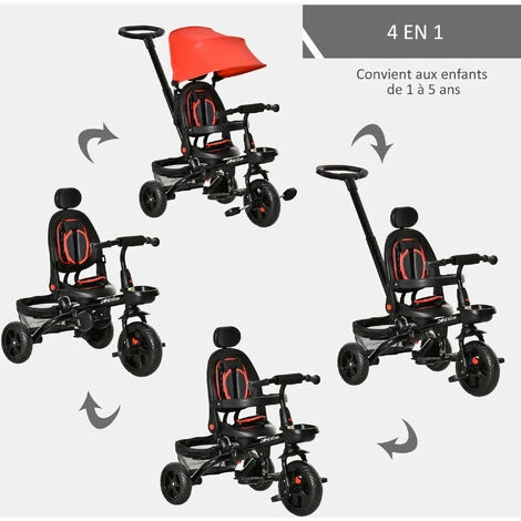 HOMCOM Tricycle Enfant évolutif Pliable 4 En 1 Multifonction - Pare-soleil, Canne Télescopique Amovible - Siège Pivotant, Harnais, Arceau Sécurité - 3 Paniers Rangement - Métal PP Rouge Noir 7 HOMCOM Tricycle Enfant évolutif Pliable 4 En 1 Multifonction - Pare-soleil, Canne Télescopique Amovible - Siège Pivotant, Harnais, Arceau Sécurité - 3 Paniers Rangement - Métal PP Rouge Noir – Image 5