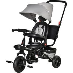 HOMCOM Tricycle Enfant évolutif Pliable - Pare-soleil, Canne Télescopique Amovible - Siège Pivotant, Harnais, Arceau Sécurité - Repose-pied - 3 Paniers Rangement - Métal PP Gris Noir