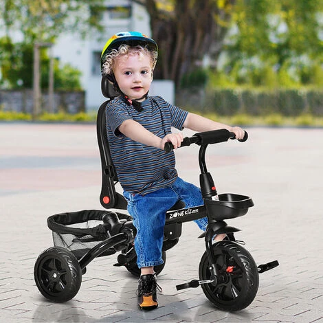 HOMCOM Tricycle Enfant évolutif Pliable - Pare-soleil, Canne Télescopique Amovible - Siège Pivotant, Harnais, Arceau Sécurité - Repose-pied - 3 Paniers Rangement - Métal PP Gris Noir 4 HOMCOM Tricycle Enfant évolutif Pliable - Pare-soleil, Canne Télescopique Amovible - Siège Pivotant, Harnais, Arceau Sécurité - Repose-pied - 3 Paniers Rangement - Métal PP Gris Noir – Image 2