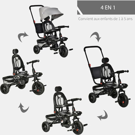 HOMCOM Tricycle Enfant évolutif Pliable - Pare-soleil, Canne Télescopique Amovible - Siège Pivotant, Harnais, Arceau Sécurité - Repose-pied - 3 Paniers Rangement - Métal PP Gris Noir 6 HOMCOM Tricycle Enfant évolutif Pliable - Pare-soleil, Canne Télescopique Amovible - Siège Pivotant, Harnais, Arceau Sécurité - Repose-pied - 3 Paniers Rangement - Métal PP Gris Noir – Image 4