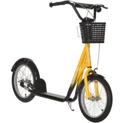 HOMCOM Trottinette Patinette Enfant Grandes Roues Pneumatiques Guidon Réglable Frein AV-AR Garde-boue Béquille Panier Métal Jaune Noir