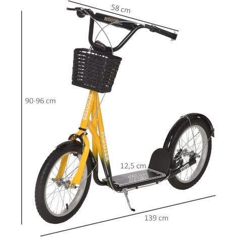 HOMCOM Trottinette Patinette Enfant Grandes Roues Pneumatiques Guidon Réglable Frein AV-AR Garde-boue Béquille Panier Métal Jaune Noir 5 HOMCOM Trottinette Patinette Enfant Grandes Roues Pneumatiques Guidon Réglable Frein AV-AR Garde-boue Béquille Panier Métal Jaune Noir – Image 3