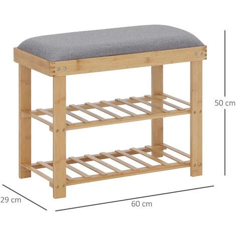 HOMCOM Meuble à Chaussures Banc à Chaussures 2 étagères Coussin Gris Intégré Bambou - Gris 5 HOMCOM Meuble à Chaussures Banc à Chaussures 2 étagères Coussin Gris Intégré Bambou - Gris – Image 3
