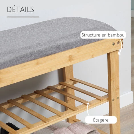 HOMCOM Meuble à Chaussures Banc à Chaussures 2 étagères Coussin Gris Intégré Bambou - Gris 7 HOMCOM Meuble à Chaussures Banc à Chaussures 2 étagères Coussin Gris Intégré Bambou - Gris – Image 5