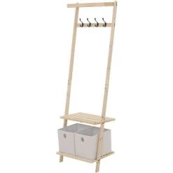 HOMCOM Vestiaire D'entrée Porte-manteau 4 Patères Double 2 Paniers Polyester Gris Clair 2 étagères Bois De Sapin