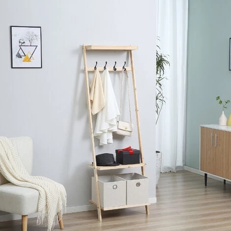 HOMCOM Vestiaire D'entrée Porte-manteau 4 Patères Double 2 Paniers Polyester Gris Clair 2 étagères Bois De Sapin 4 HOMCOM Vestiaire D'entrée Porte-manteau 4 Patères Double 2 Paniers Polyester Gris Clair 2 étagères Bois De Sapin – Image 2