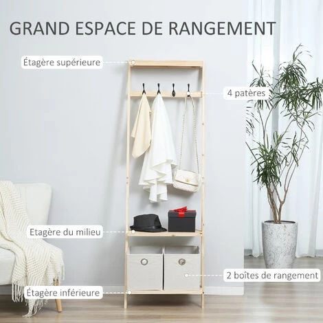 HOMCOM Vestiaire D'entrée Porte-manteau 4 Patères Double 2 Paniers Polyester Gris Clair 2 étagères Bois De Sapin 6 HOMCOM Vestiaire D'entrée Porte-manteau 4 Patères Double 2 Paniers Polyester Gris Clair 2 étagères Bois De Sapin – Image 4