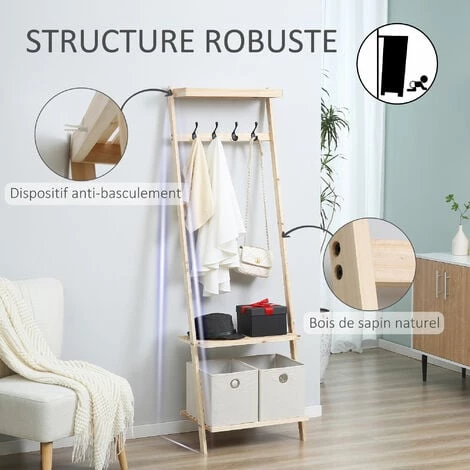 HOMCOM Vestiaire D'entrée Porte-manteau 4 Patères Double 2 Paniers Polyester Gris Clair 2 étagères Bois De Sapin 7 HOMCOM Vestiaire D'entrée Porte-manteau 4 Patères Double 2 Paniers Polyester Gris Clair 2 étagères Bois De Sapin – Image 5