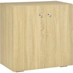 HOMCOM Buffet Meuble De Rangement Placard 2 Portes Avec étagère Poignées Boutons Métal Chromé Panneaux Particules Aspect Chêne Clair - Beige