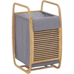 HOMCOM Panier à Linge Corbeille à Linge Bac à Linge Bambou Housse Polyester Gris Amovible 2 Poignées
