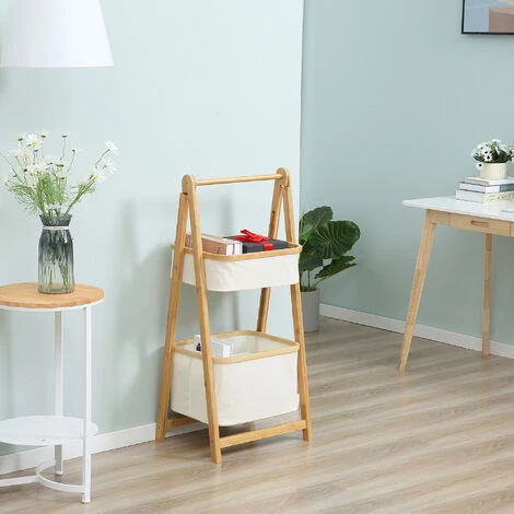 HOMCOM Etagère En Bambou De Salle De Bain, étagère Pliable - 2 Paniers - Bambou Polyester Beige - Beige 4 HOMCOM Etagère En Bambou De Salle De Bain, étagère Pliable - 2 Paniers - Bambou Polyester Beige - Beige – Image 2