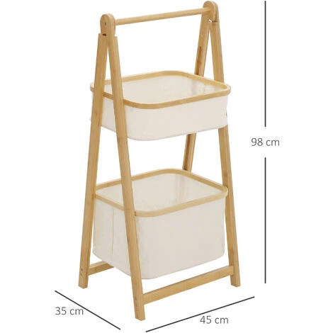 HOMCOM Etagère En Bambou De Salle De Bain, étagère Pliable - 2 Paniers - Bambou Polyester Beige - Beige 5 HOMCOM Etagère En Bambou De Salle De Bain, étagère Pliable - 2 Paniers - Bambou Polyester Beige - Beige – Image 3
