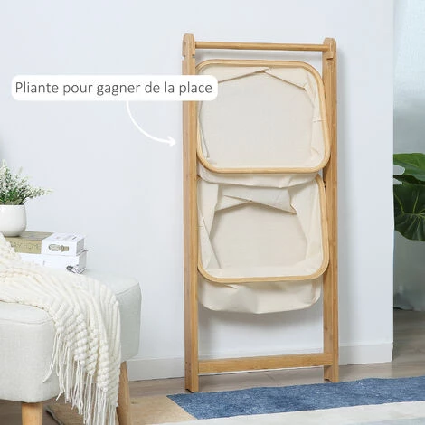 HOMCOM Etagère En Bambou De Salle De Bain, étagère Pliable - 2 Paniers - Bambou Polyester Beige - Beige 7 HOMCOM Etagère En Bambou De Salle De Bain, étagère Pliable - 2 Paniers - Bambou Polyester Beige - Beige – Image 5