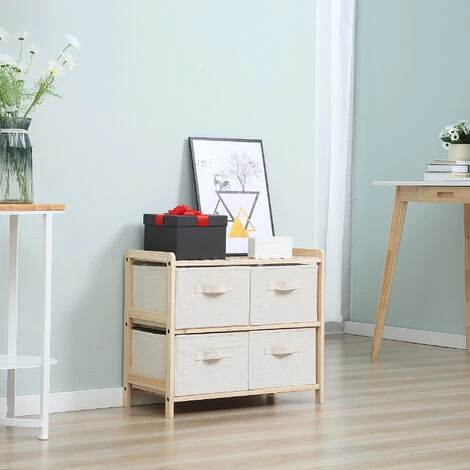 HOMCOM Commode 4 Tiroirs Tissu Polyester Beige Dim. 59L X 28l X 50H Cm Bois Sapin 4 HOMCOM Commode 4 Tiroirs Tissu Polyester Beige Dim. 59L X 28l X 50H Cm Bois Sapin – Image 2