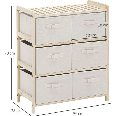 HOMCOM Commode 6 Tiroirs Tissu Polyester Beige Dim. 59L X 28l X 70H Cm Bois Sapin - Beige 5 HOMCOM Commode 6 Tiroirs Tissu Polyester Beige Dim. 59L X 28l X 70H Cm Bois Sapin - Beige – Image 3