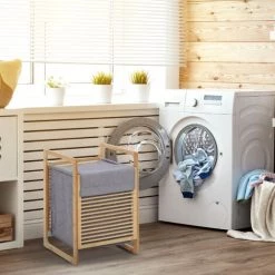 HOMCOM Panier à Linge Corbeille à Linge Bac à Linge Bambou Housse Polyester Gris Amovible 2 Poignées -France HOMCOM Soldes 2022 43568942 2