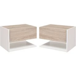 HOMCOM Lot De 2 Tables De Chevet Murales - Lot De 2 Tables De Nuit - Tiroir Coulissant, étagère, Plateau - Panneaux Particules Bicolore Aspect Chêne Clair Blanc - Beige