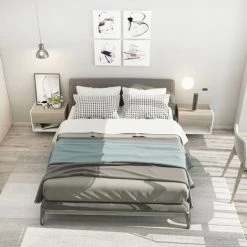 HOMCOM Lot De 2 Tables De Chevet Murales - Lot De 2 Tables De Nuit - Tiroir Coulissant, étagère, Plateau - Panneaux Particules Bicolore Aspect Chêne Clair Blanc - Beige -France HOMCOM Soldes 2022 43599791 5