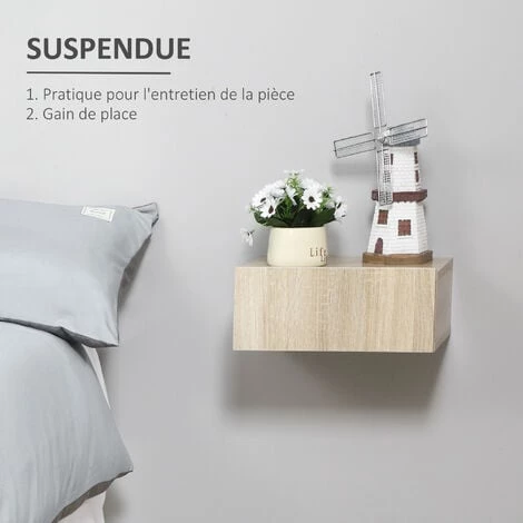 HOMCOM Lot De 2 Tables De Chevet Murales - Lot De 2 Tables De Nuit - Tiroir Coulissant, Plateau - Panneaux Particules Aspect Chêne Clair 6 HOMCOM Lot De 2 Tables De Chevet Murales - Lot De 2 Tables De Nuit - Tiroir Coulissant, Plateau - Panneaux Particules Aspect Chêne Clair – Image 4