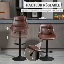 HOMCOM Lot De 2 Tabourets De Bar Vintage Réglable Pivotant Avec Repose-pied Revêtement Synthétique Marron Effet Vieilli - Marron -France HOMCOM Soldes 2022 44807720 5