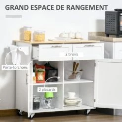HOMCOM Desserte îlot De Cuisine - 2 Portes, 2 Tiroirs, Porte-torchon - Poignées Métal - MDF Blanc Hévéa -France HOMCOM Soldes 2022 44823650 4