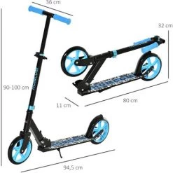 HOMCOM Trottinette Pliable Adulte Enfant Dès 14 Ans Béquille Frein à Friction Arrière Hauteur Guidon Réglable 3 Niv. Alu. Métal Noir Bleu - Bleu -France HOMCOM Soldes 2022 45628393 3