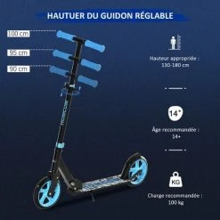 HOMCOM Trottinette Pliable Adulte Enfant Dès 14 Ans Béquille Frein à Friction Arrière Hauteur Guidon Réglable 3 Niv. Alu. Métal Noir Bleu - Bleu -France HOMCOM Soldes 2022 45628393 4
