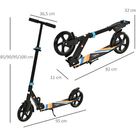 HOMCOM Trottinette Pliable Adulte Enfant Dès 14 Ans Béquille Frein à Friction Arrière Hauteur Guidon Réglable 4 Niv. Alu. Métal Noir Multicolore 5 HOMCOM Trottinette Pliable Adulte Enfant Dès 14 Ans Béquille Frein à Friction Arrière Hauteur Guidon Réglable 4 Niv. Alu. Métal Noir Multicolore – Image 3