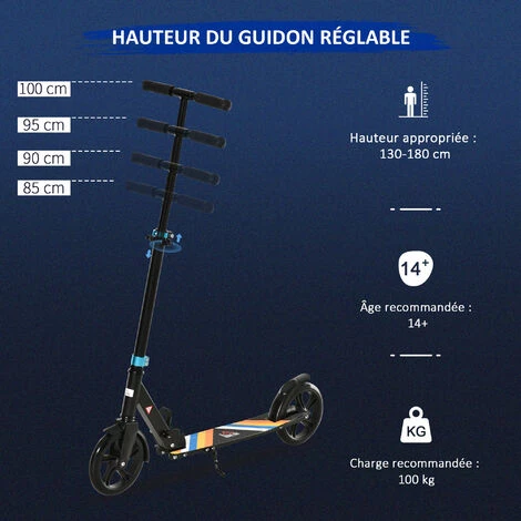 HOMCOM Trottinette Pliable Adulte Enfant Dès 14 Ans Béquille Frein à Friction Arrière Hauteur Guidon Réglable 4 Niv. Alu. Métal Noir Multicolore 6 HOMCOM Trottinette Pliable Adulte Enfant Dès 14 Ans Béquille Frein à Friction Arrière Hauteur Guidon Réglable 4 Niv. Alu. Métal Noir Multicolore – Image 4