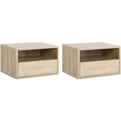 HOMCOM Lot De 2 Tables De Chevet Murales - Lot De 2 Tables De Nuit - Tiroir Coulissant, Niche, Plateau - Panneaux Particules Aspect Chêne Clair - Beige
