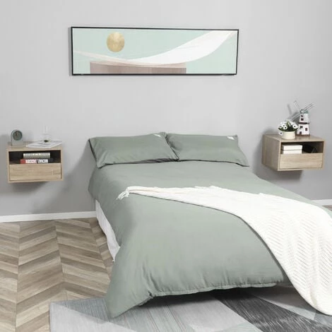 HOMCOM Lot De 2 Tables De Chevet Murales - Lot De 2 Tables De Nuit - Tiroir Coulissant, Niche, Plateau - Panneaux Particules Aspect Chêne Clair - Beige 4 HOMCOM Lot De 2 Tables De Chevet Murales - Lot De 2 Tables De Nuit - Tiroir Coulissant, Niche, Plateau - Panneaux Particules Aspect Chêne Clair - Beige – Image 2