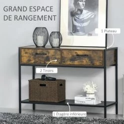 HOMCOM Console Table D'appoint Design Industriel 2 Tiroirs étagère Métal Noir Panneaux Particules Aspect Bois Vieilli -France HOMCOM Soldes 2022 45628450 4