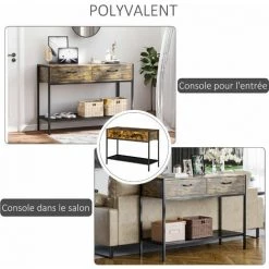 HOMCOM Console Table D'appoint Design Industriel 2 Tiroirs étagère Métal Noir Panneaux Particules Aspect Bois Vieilli -France HOMCOM Soldes 2022 45628450 5