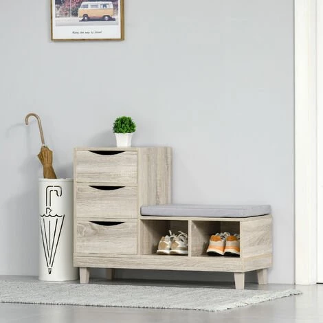 HOMCOM Meuble Chaussures Banc à Chaussures Design Urban Craft 3 Tiroirs 2 Niches Coussin Gris MDF Aspect Chêne Clair - Beige 4 HOMCOM Meuble Chaussures Banc à Chaussures Design Urban Craft 3 Tiroirs 2 Niches Coussin Gris MDF Aspect Chêne Clair - Beige – Image 2