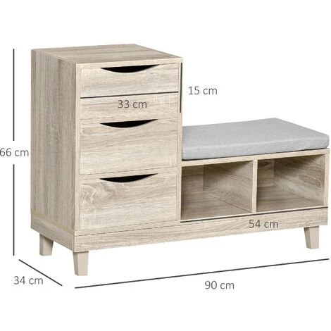 HOMCOM Meuble Chaussures Banc à Chaussures Design Urban Craft 3 Tiroirs 2 Niches Coussin Gris MDF Aspect Chêne Clair - Beige 5 HOMCOM Meuble Chaussures Banc à Chaussures Design Urban Craft 3 Tiroirs 2 Niches Coussin Gris MDF Aspect Chêne Clair - Beige – Image 3