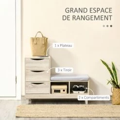 HOMCOM Meuble Chaussures Banc à Chaussures Design Urban Craft 3 Tiroirs 2 Niches Coussin Gris MDF Aspect Chêne Clair - Beige 10 HOMCOM Meuble Chaussures Banc à Chaussures Design Urban Craft 3 Tiroirs 2 Niches Coussin Gris MDF Aspect Chêne Clair - Beige -France HOMCOM Soldes 2022 45628465 4