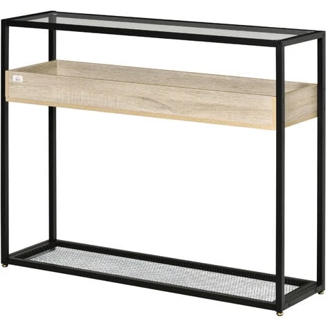 HOMCOM Console Table D'appoint Style Contemporain Plateau Verre Trempé 2 étagères Aspect Bois Chêne Clair Grille Métal Noir - Beige 3 HOMCOM Console Table D'appoint Style Contemporain Plateau Verre Trempé 2 étagères Aspect Bois Chêne Clair Grille Métal Noir - Beige