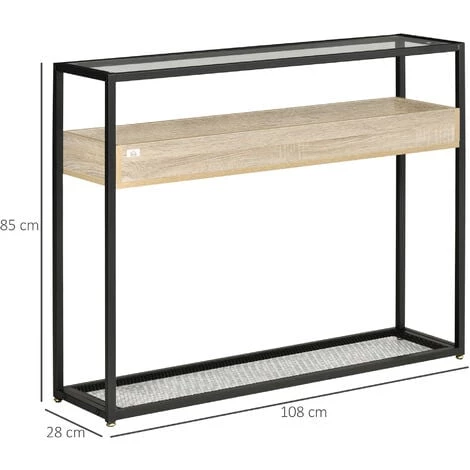 HOMCOM Console Table D'appoint Style Contemporain Plateau Verre Trempé 2 étagères Aspect Bois Chêne Clair Grille Métal Noir - Beige 5 HOMCOM Console Table D'appoint Style Contemporain Plateau Verre Trempé 2 étagères Aspect Bois Chêne Clair Grille Métal Noir - Beige – Image 3