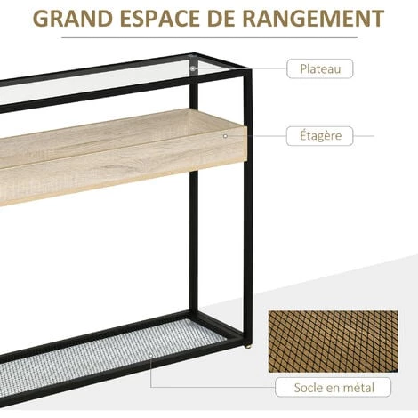 HOMCOM Console Table D'appoint Style Contemporain Plateau Verre Trempé 2 étagères Aspect Bois Chêne Clair Grille Métal Noir - Beige 6 HOMCOM Console Table D'appoint Style Contemporain Plateau Verre Trempé 2 étagères Aspect Bois Chêne Clair Grille Métal Noir - Beige – Image 4