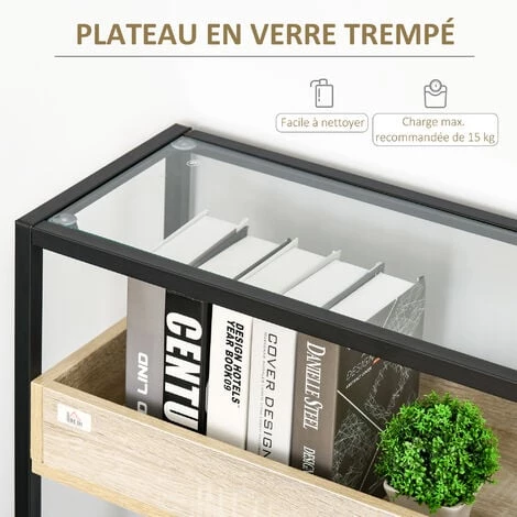 HOMCOM Console Table D'appoint Style Contemporain Plateau Verre Trempé 2 étagères Aspect Bois Chêne Clair Grille Métal Noir - Beige 7 HOMCOM Console Table D'appoint Style Contemporain Plateau Verre Trempé 2 étagères Aspect Bois Chêne Clair Grille Métal Noir - Beige – Image 5