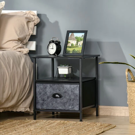 HOMCOM Chevet - Table De Nuit - étagère, Tiroir Non Tissé Façade Aspect Marbre Gris Foncé - Poignée Coquille Métal - Châssis Acier, Plateau Aspect Bois Noir 4 HOMCOM Chevet - Table De Nuit - étagère, Tiroir Non Tissé Façade Aspect Marbre Gris Foncé - Poignée Coquille Métal - Châssis Acier, Plateau Aspect Bois Noir – Image 2
