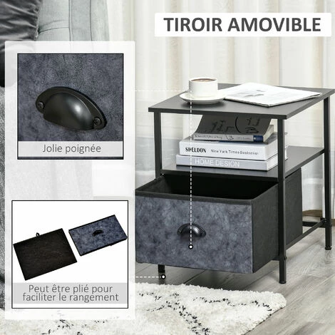 HOMCOM Chevet - Table De Nuit - étagère, Tiroir Non Tissé Façade Aspect Marbre Gris Foncé - Poignée Coquille Métal - Châssis Acier, Plateau Aspect Bois Noir 7 HOMCOM Chevet - Table De Nuit - étagère, Tiroir Non Tissé Façade Aspect Marbre Gris Foncé - Poignée Coquille Métal - Châssis Acier, Plateau Aspect Bois Noir – Image 5