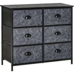 HOMCOM Commode 6 Tiroirs Non Tissés Façades Aspect Marbre Gris Foncé Poignées Coquilles Métal Châssis Acier Plateau Aspect Bois Noir