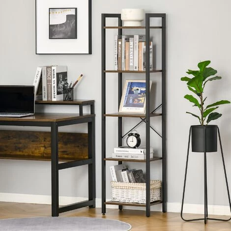 HOMCOM Étagère Bibliothèque Style Industriel H154 Cm 5 étagères Acier Noir Panneaux Particules Aspect Bois Vieilli - Marron 4 HOMCOM Étagère Bibliothèque Style Industriel H154 Cm 5 étagères Acier Noir Panneaux Particules Aspect Bois Vieilli - Marron – Image 2