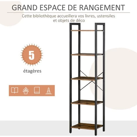 HOMCOM Étagère Bibliothèque Style Industriel H154 Cm 5 étagères Acier Noir Panneaux Particules Aspect Bois Vieilli - Marron 6 HOMCOM Étagère Bibliothèque Style Industriel H154 Cm 5 étagères Acier Noir Panneaux Particules Aspect Bois Vieilli - Marron – Image 4