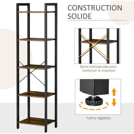 HOMCOM Étagère Bibliothèque Style Industriel H154 Cm 5 étagères Acier Noir Panneaux Particules Aspect Bois Vieilli - Marron 7 HOMCOM Étagère Bibliothèque Style Industriel H154 Cm 5 étagères Acier Noir Panneaux Particules Aspect Bois Vieilli - Marron – Image 5